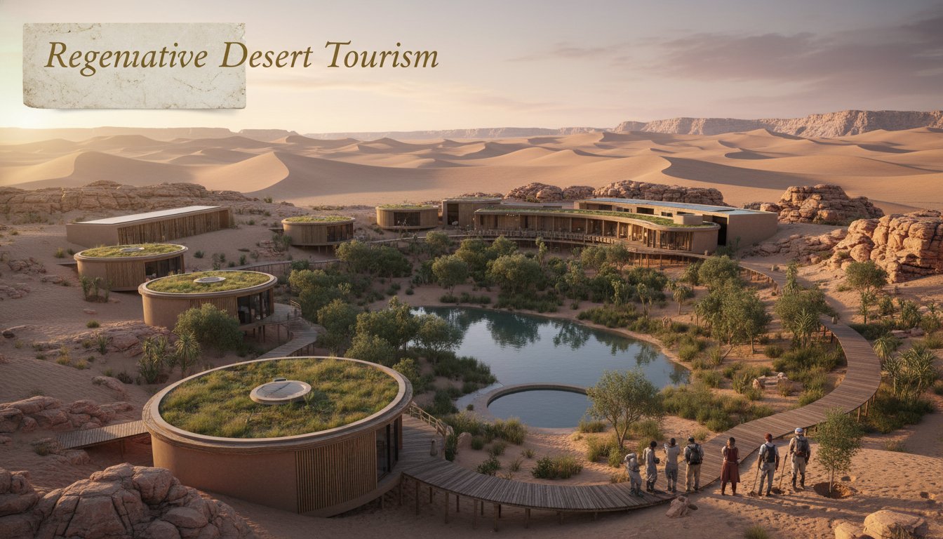 An eco-luxury desert resort in the UAE showcasing regenerative tourism through sustainable architecture and lush oases amidst golden sand dunes at sunset.